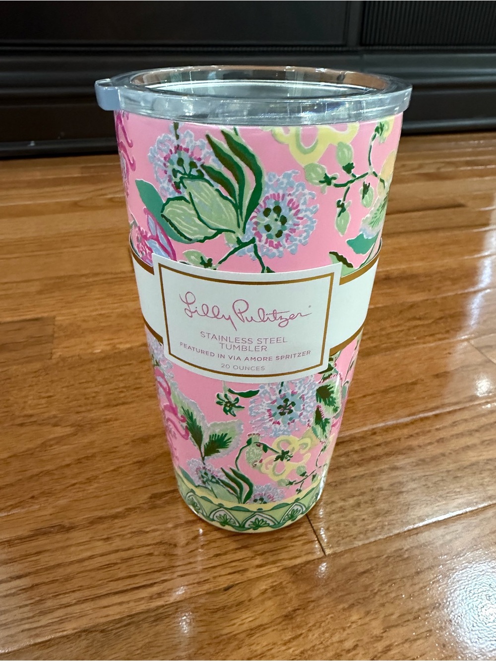 Lilly Pulitzer Pink Floral Stainless Steel Tumbler with Green Accents